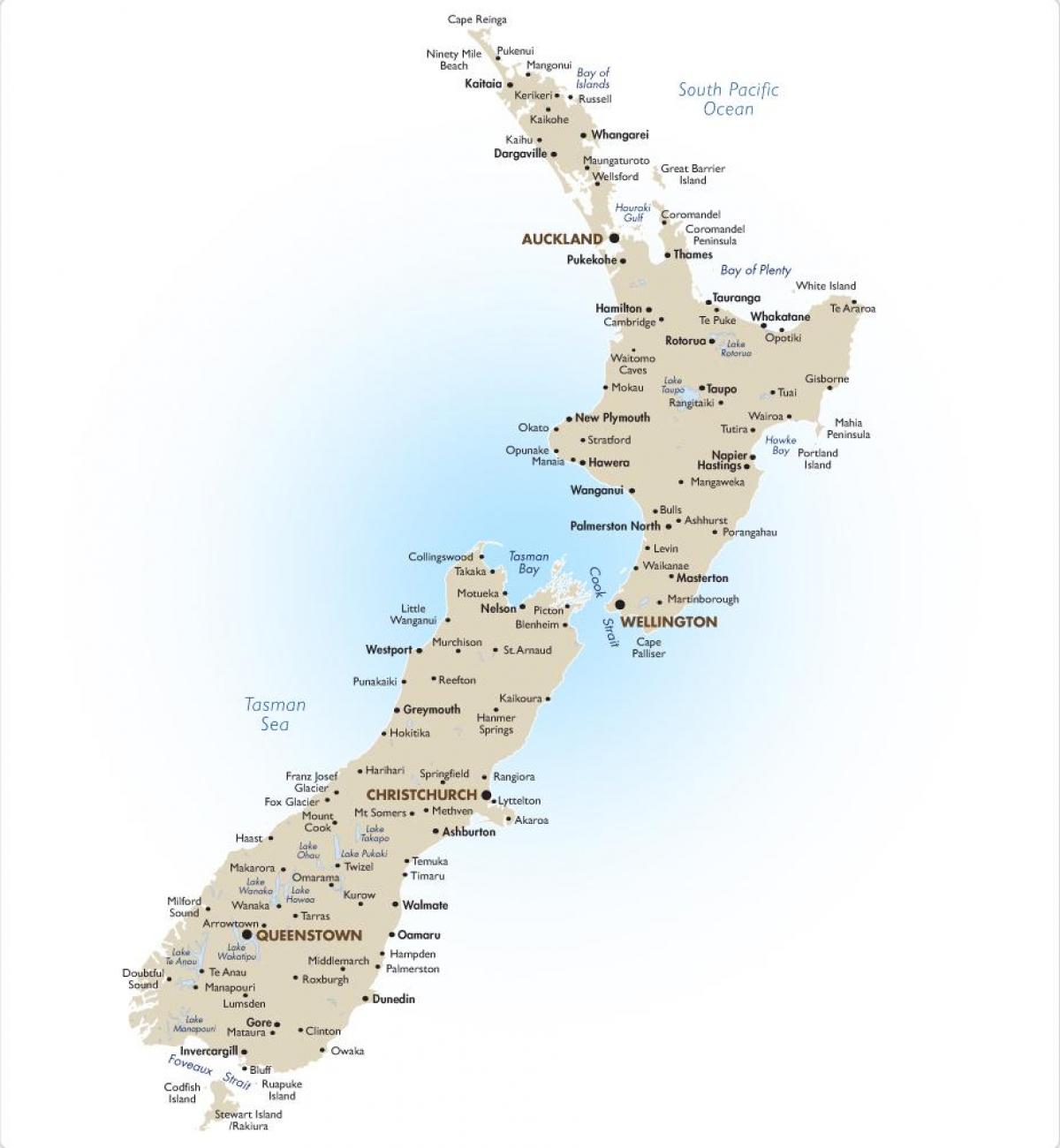 карта на Нова Зеландия от големите градове