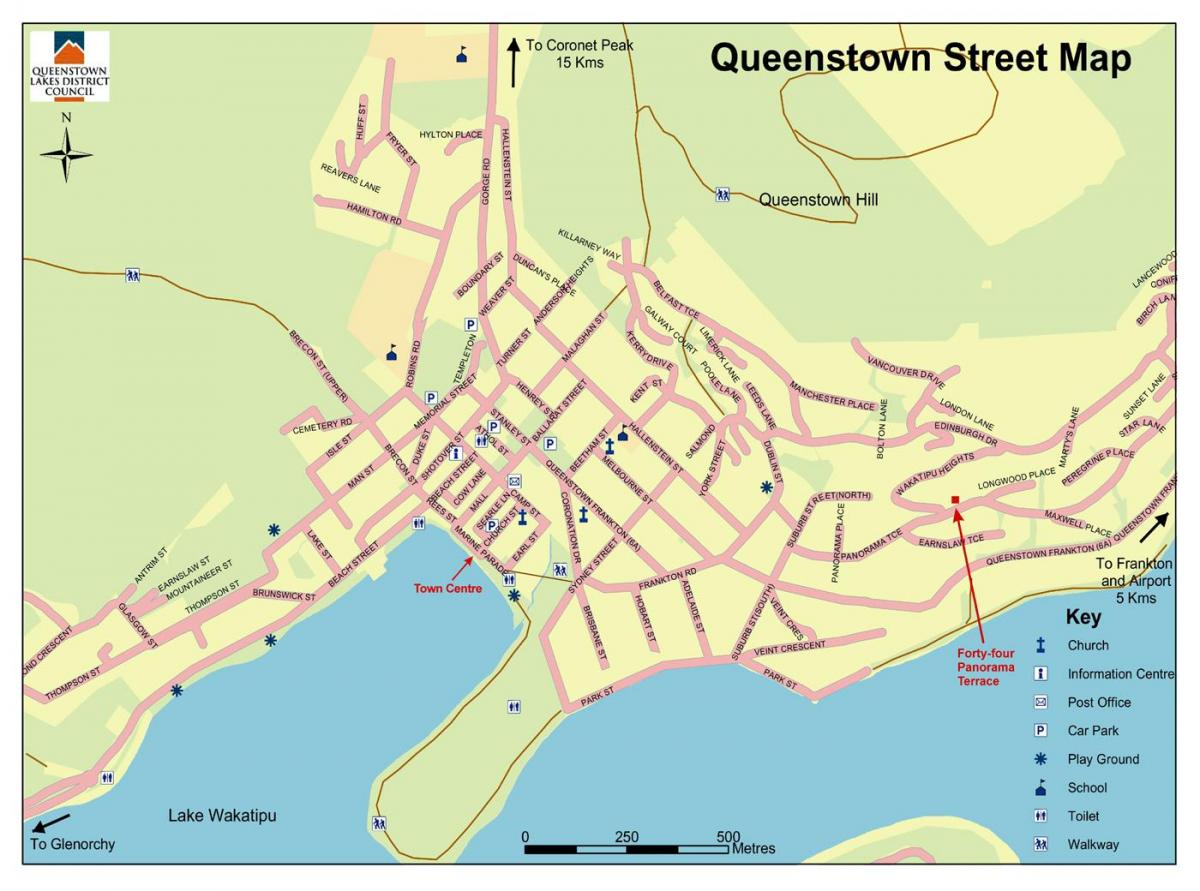 карта на улиците на град куинстаун, Нова Зеландия