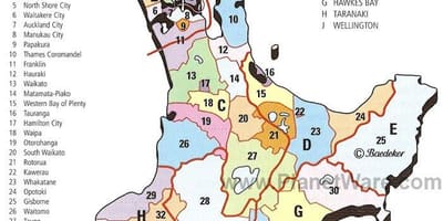 Карта на Северния остров на Нова Зеландия и райони
